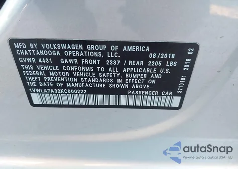 2019 Volkswagen Passat 2.0T Wolfsburg Edition z USA, uszkodzony, nr VIN 1VWLA7A32KC000222